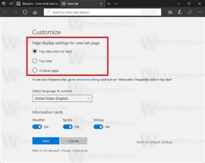How do I change the default page for a new tab in IE 10?
